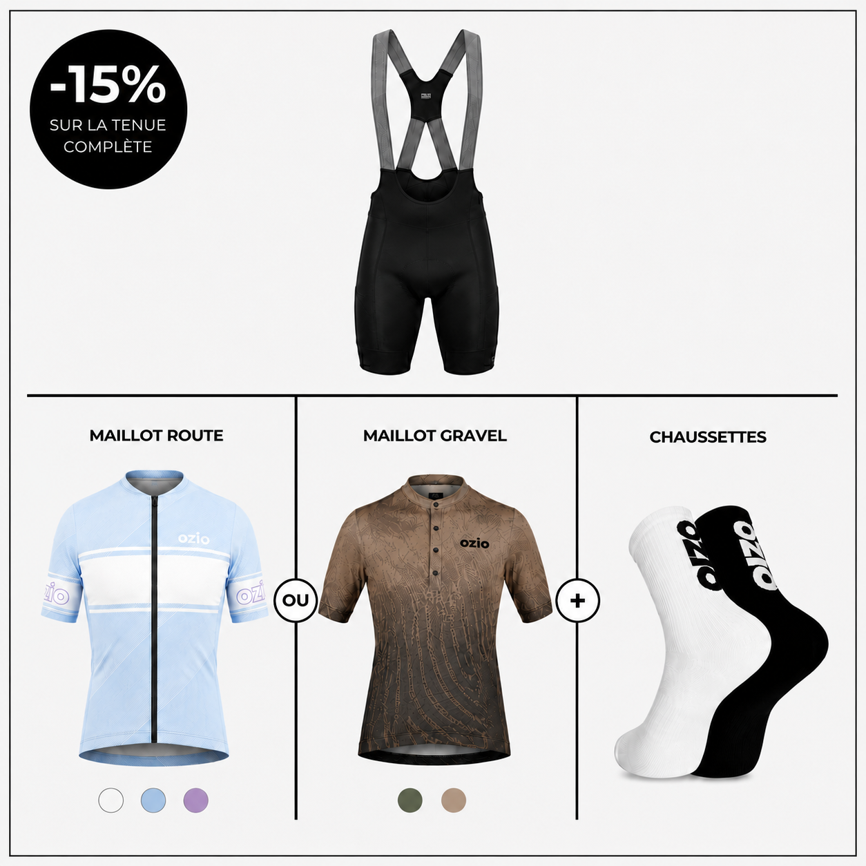 un récapitulatif du bundle ozio 3 articles cuissard maillot chaussettes homme