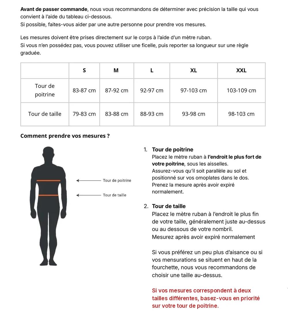 Guide des tailles Ozio du S au XXL selon le tour de poitrine et le tour de taille, avec schéma pour prendre ses mesures